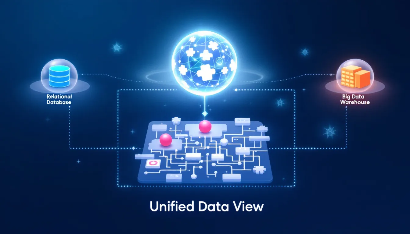 The image illustrates the concept of data virtualization, showcasing a middleware layer that connects various source systems to create a unified view of data for business users. This virtual schema allows for efficient data integration and query performance without the need to physically move data from relational data stores and other disparate sources.