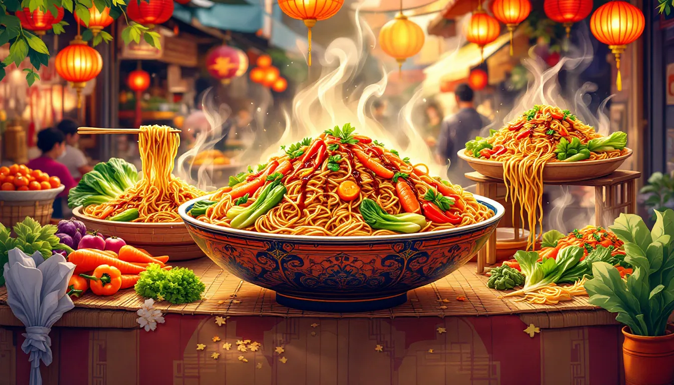 Ein Teller mit verschiedenen Hand Pulled Noodle Gerichten, inklusive Gemüse und Soße.