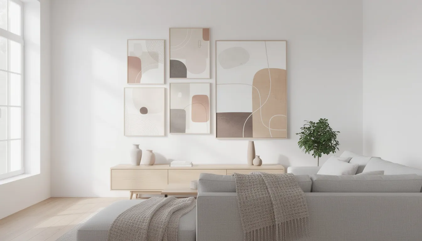 En tavelvägg med fem abstrakta tavlor i olika storlekar pryder ett ljust skandinaviskt vardagsrum, där konstverken i varierande färger och former inbjuder betraktaren att utforska sina egna tolkningar och uttryck. Denna samling av posters skapar en perfekt balans mellan stil och kreativitet.