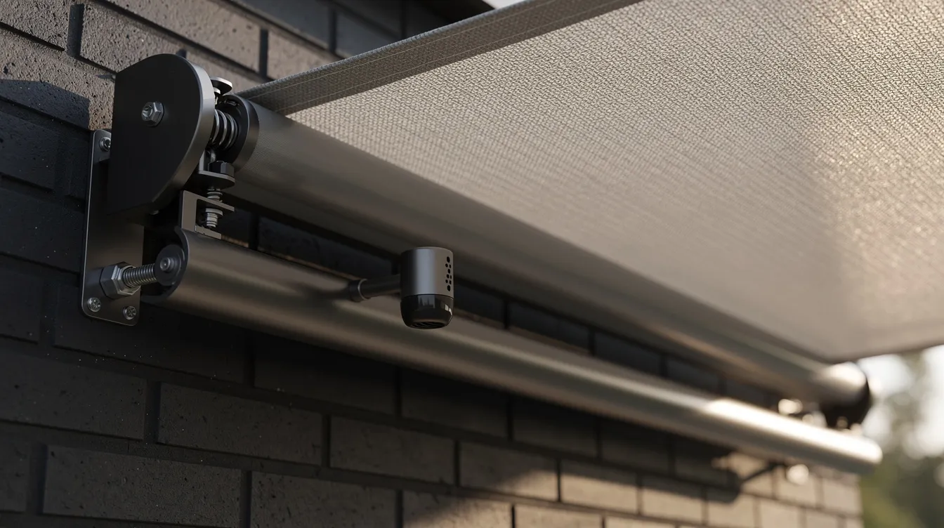 A close-up view of a sleek motorized retractable awning arm mechanism is showcased against a dark brick wall, featuring a taut, solution-dyed textured canvas fabric. The image highlights a subtle wind sensor mounted on the cassette bar, emphasizing the awning’s functionality for protecting outdoor spaces from direct sunlight and harsh weather elements.