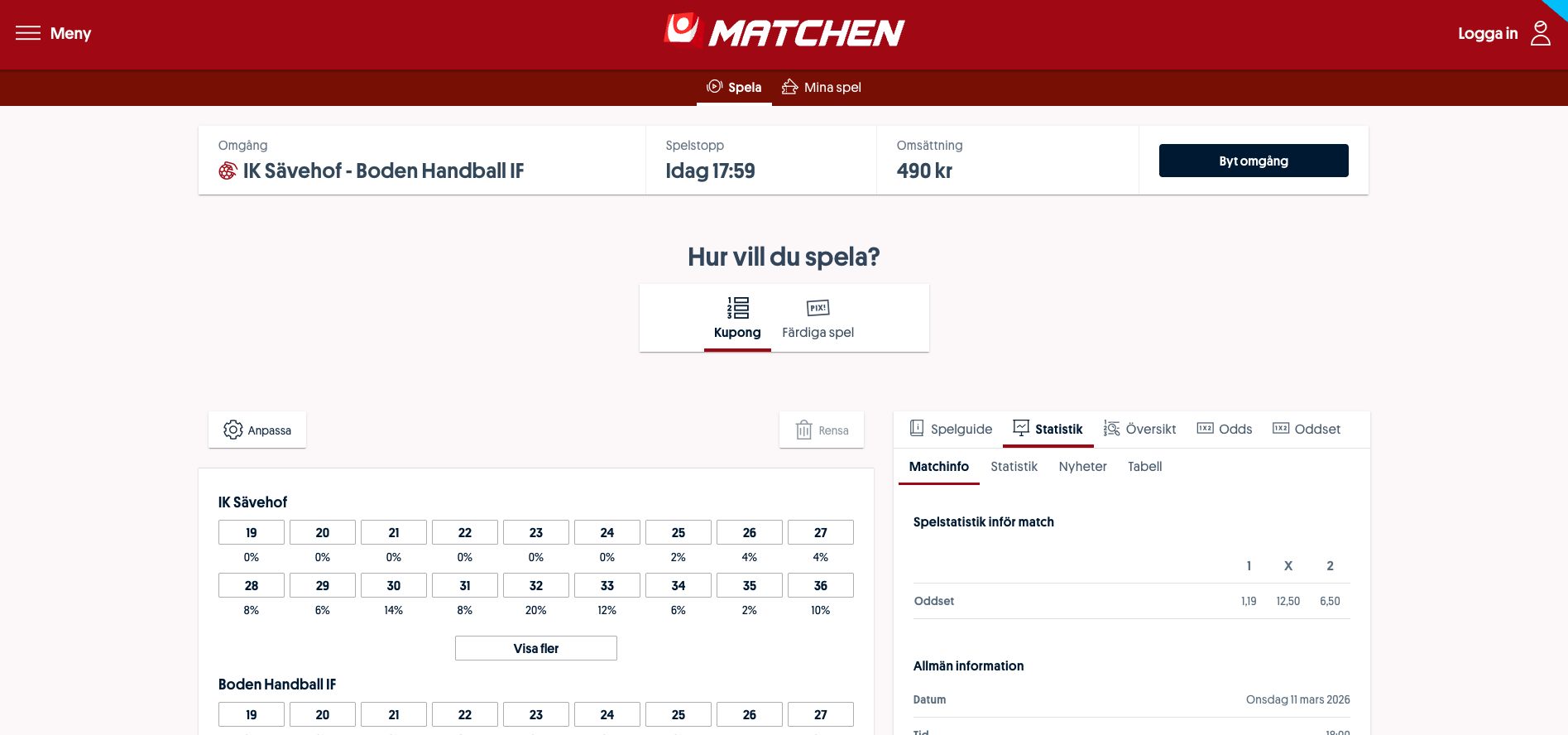 Matchen hos Svenska Spel Sport & Casino där spelare kan spela på handbollsmatchen IK Sävehof mot Boden Handboll IF. Statistik, odds och spelkupong visas på webbplatsen, 18 år gäller och spelstopp finns via Spelkoll.
