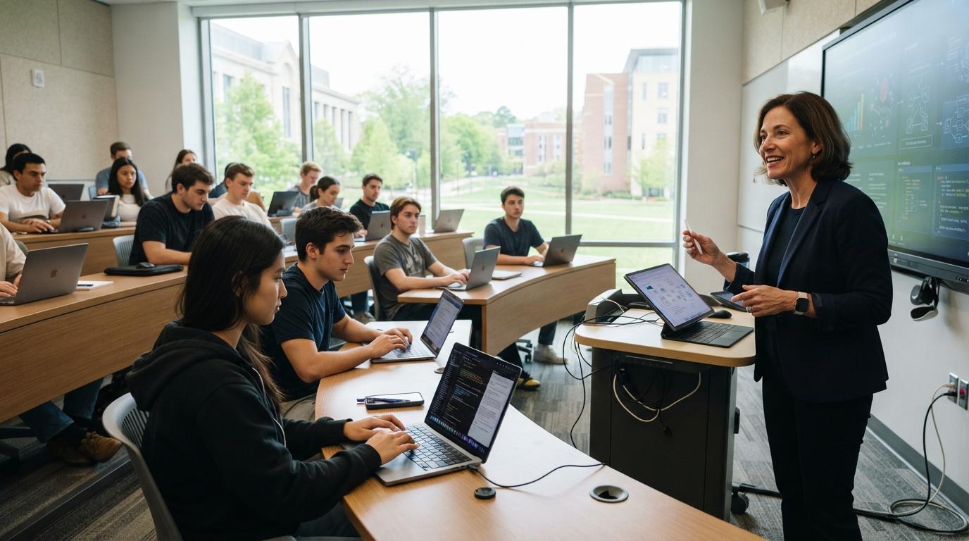 Photorealistic university professor leading a classroom while students use laptops for AI-assisted learning, emphasizing seamless integration into daily teaching, modern campus environment.
