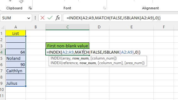 Click the cell below the first non-blank value column and type the following formula.
