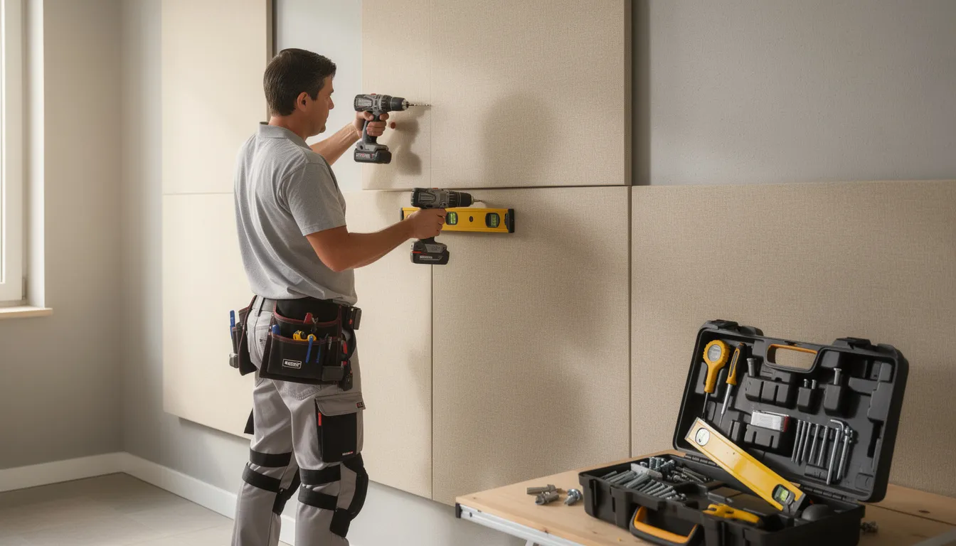 Een persoon monteert beige wandpanelen met een matte afwerking op een muur, gebruikmakend van professioneel gereedschap en montagelijm. De wandpanelen hebben een elegante uitstraling en zijn geschikt voor verschillende interieurstijlen, waardoor ze een vernieuwde ruimte creëren.