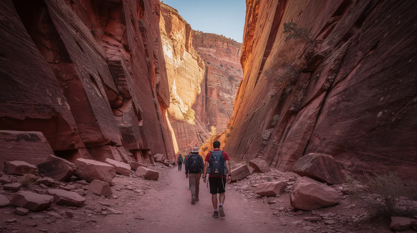 A group of hikers navigates through a narrow canyon, flanked by towering red rock walls that highlight the natural beauty of this Moroccan adventure. The striking landscape evokes the grandeur of North Africa's Atlas Mountains, inviting travelers to explore its unique geological features.