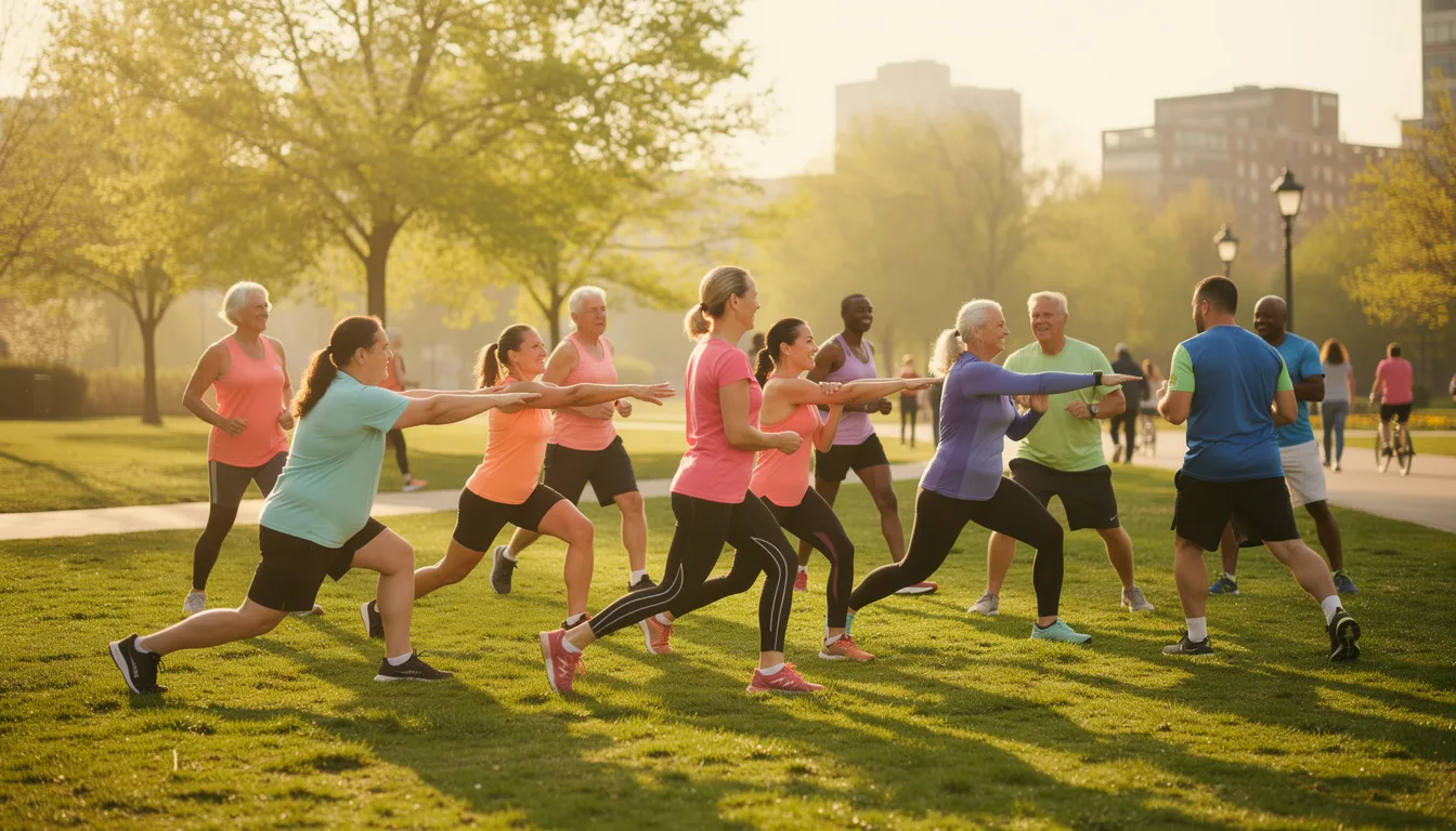 A diverse group of healthy adults of various ages is engaged in outdoor exercise, promoting physical activity and overall health. The scene reflects the benefits of exercise on skeletal muscle and energy metabolism, highlighting the importance of maintaining an active lifestyle for longevity and well-being.