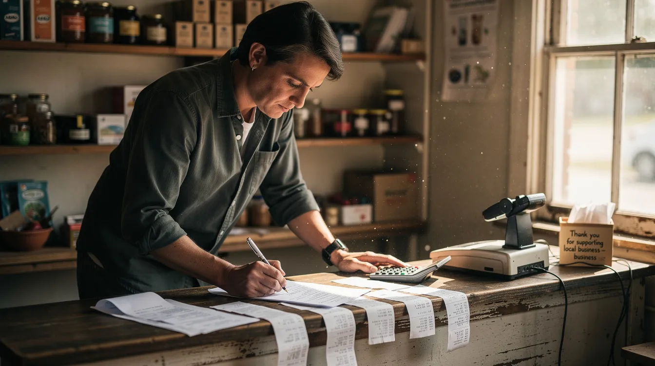 A small business owner is intently reviewing financial documents at a modest shop counter, with shelves of products visible in the background. This scene reflects the entrepreneurial spirit often supported by schemes like the Pradhan Mantri Mudra Yojana, which helps micro enterprises access loans and successfully manage their repayment periods.