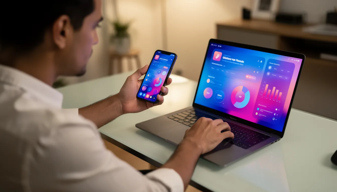 En person använder både en smartphone och en laptop samtidigt, där skärmarna visar färgglada och livliga grafiska element. Denna bild fångar essensen av att spela online casino, där spelare kan njuta av olika spel som slots och roulette.