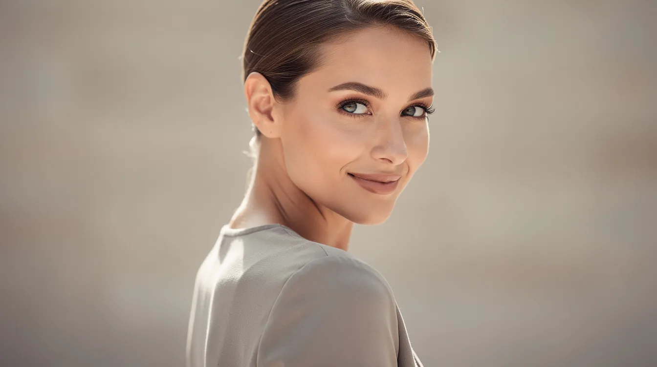 A confident woman is looking over her shoulder, illuminated by natural lighting against a neutral background, showcasing her youthful appearance and smooth skin. This image reflects the results of cosmetic procedures like Sculptra treatments, which stimulate the body's natural collagen production for a fuller, more lifted look.