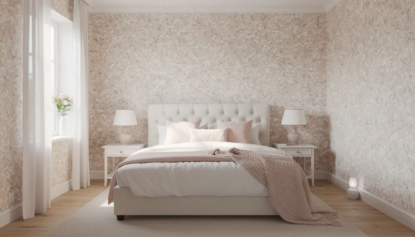 Ontdek het perfecte behang voor slaapkamer: stijl en sfeer creëren Een stijlvolle slaapkamer met elegant bloemenbehang in zachte roze tinten, dat een romantische sfeer en een rustgevende ambiance creëert. De delicate pasteltinten en subtiele bladeren voegen een vleugje glamour toe aan de ruimte, perfect voor een goede nachtrust.