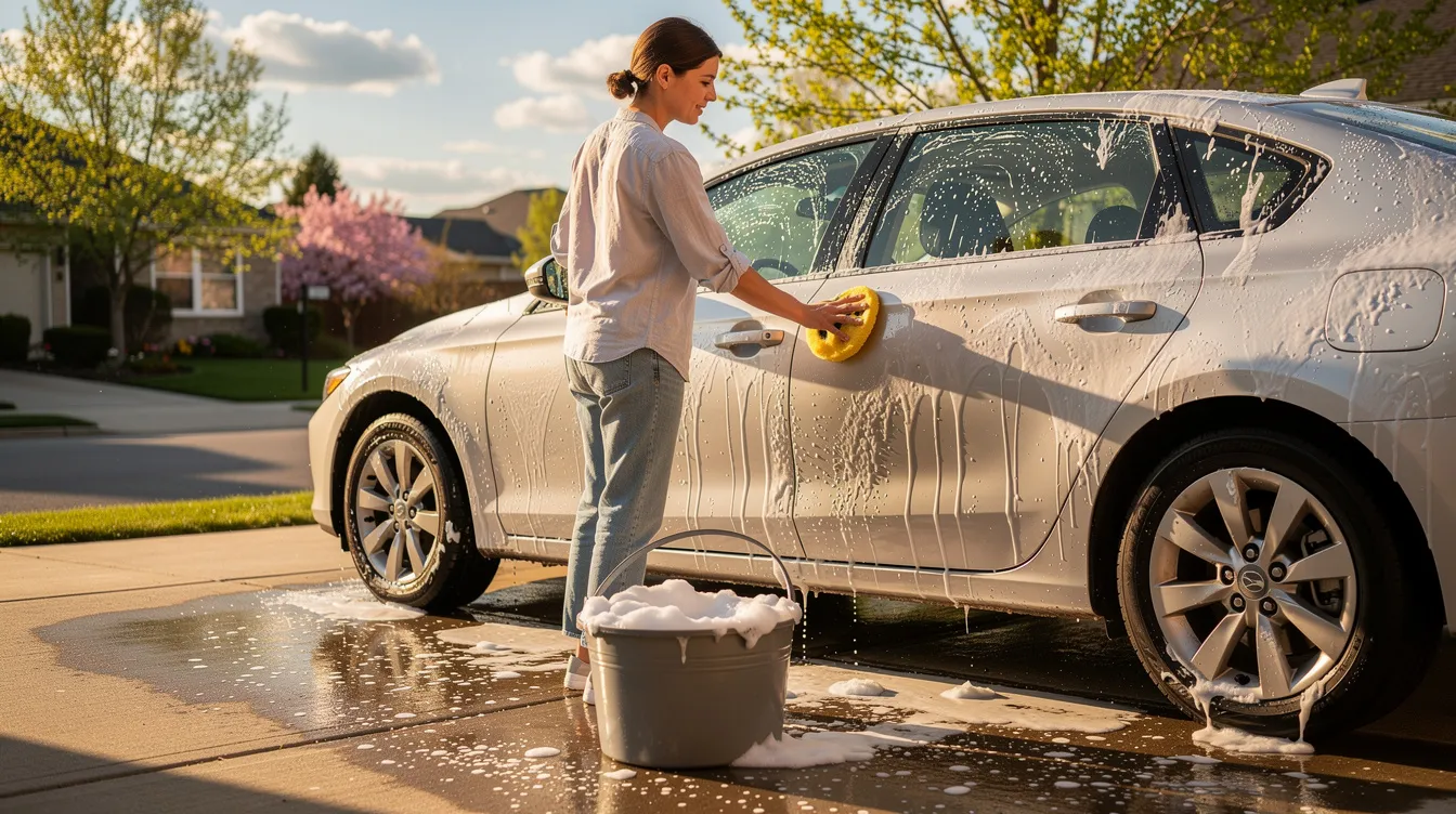 A person is washing the exterior of a car on a sunny spring day, using a bucket and sponge filled with Irish spring soap. The scene captures the joy of coming out of hibernation as the vehicle is prepped for the warmer months ahead.