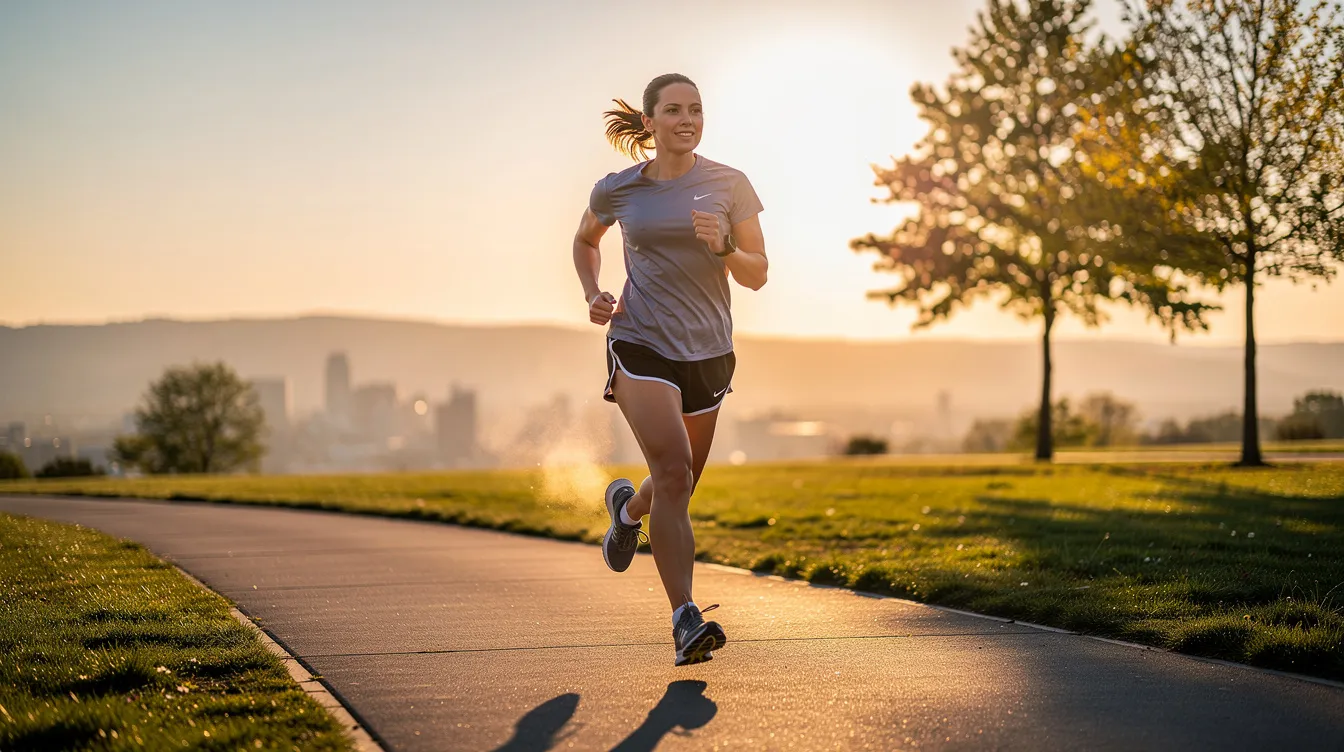 A person is jogging outdoors in the morning light, embodying a healthy lifestyle that can help in managing sleep apnea symptoms. Engaging in regular exercise like jogging can positively impact overall health and may reduce the severity of sleep disorders, including obstructive sleep apnea.