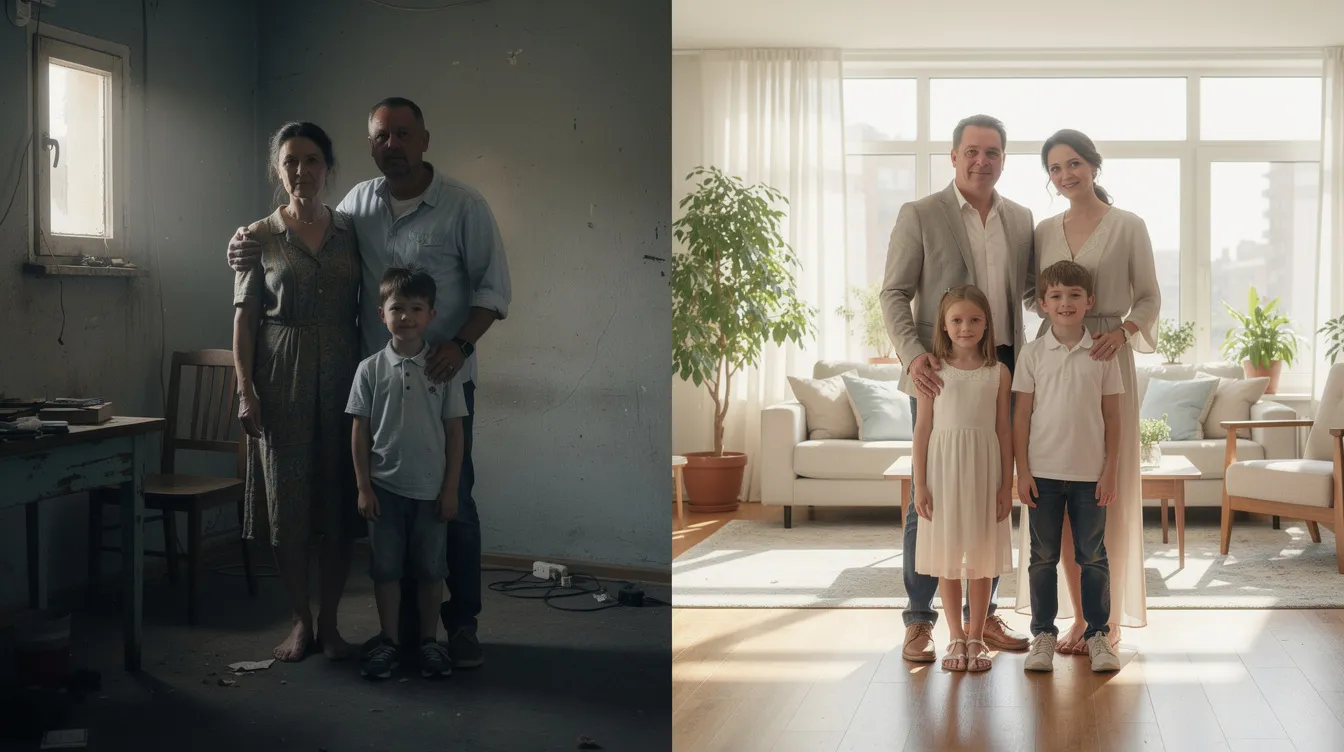 Das Bild zeigt zwei kontrastierende Familienporträts: Links ist eine vierköpfige Familie in einfacher Kleidung, die in einem engen, dunklen Raum posiert, während rechts eine elegante Familie in heller Kleidung in einem weitläufigen, sonnendurchfluteten Wohnzimmer abgebildet ist. Diese Darstellung spiegelt die Themen von Klassenkampf und gesellschaftlichen Verhältnissen wider, die auch im Film "Parasite" von Bong Joon Ho behandelt werden.