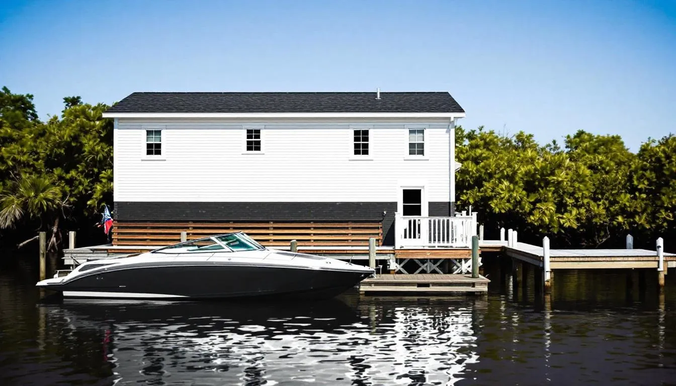 The image depicts a charming canal house on Marco Island, featuring a small pool in the foreground and a boat in the background, surrounded by ample space for relaxation. This completely remodeled property offers bright natural light and direct access to the water, making it an ideal opportunity for those looking to explore the beauty of Florida real estate.