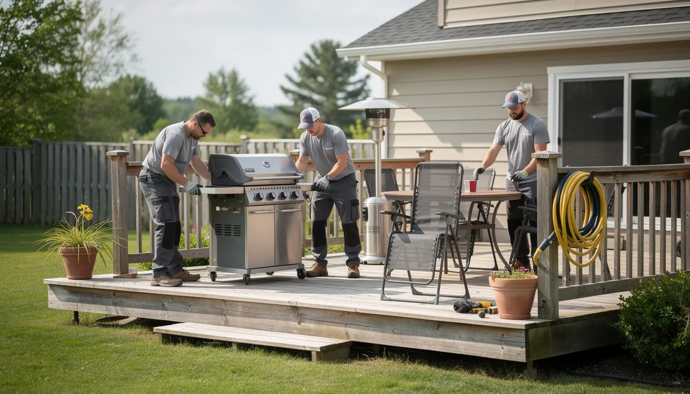 A professional team of workers is carefully removing unwanted outdoor equipment from a backyard deck, showcasing their reliable junk removal services. This stress-free process helps homeowners efficiently clear clutter and make space, emphasizing responsible disposal practices.