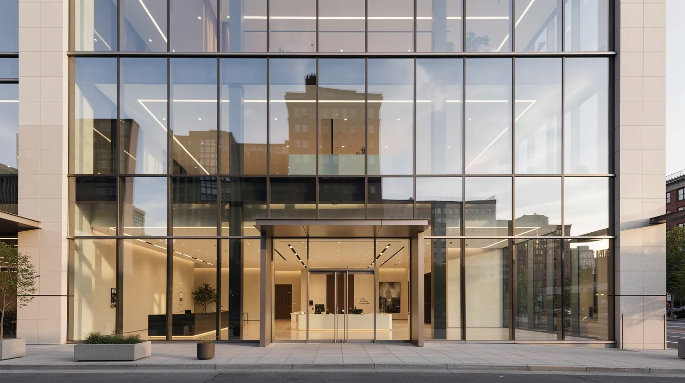 The image depicts a modern commercial building facade featuring large tempered glass panels, which are known for their safety and durability. The sleek glass surfaces reflect the surroundings, highlighting the use of tempered safety glass that meets stringent building codes and enhances security.