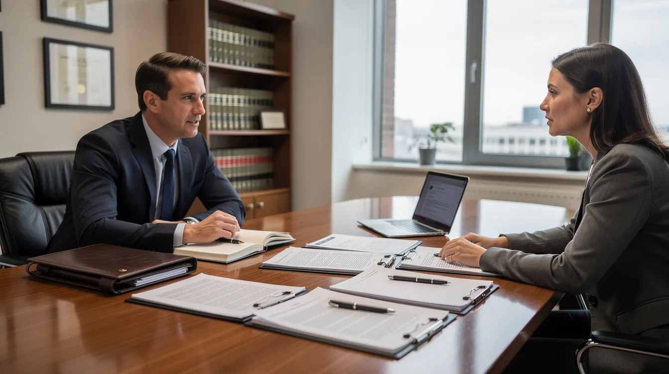 A professional office meeting is taking place between a family law attorney and a client, with various legal documents spread across the table. The scene reflects the serious nature of family law matters, including discussions about child custody, spousal support, and the divorce process in Costa Mesa.