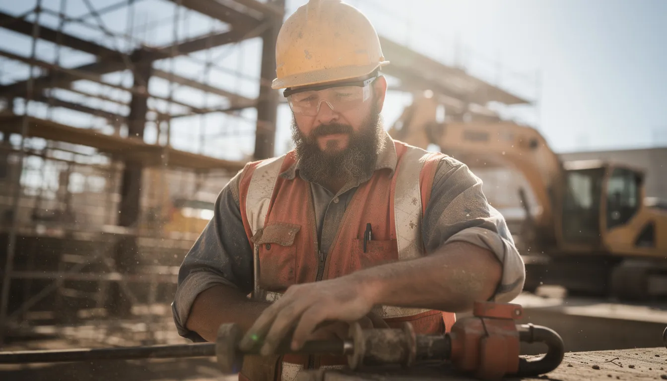 A bearded man in a construction site is seen working under the sun, surrounded by dust and debris. His well-groomed beard, likely maintained with quality beard balm or tallow beard balm, reflects his attention to beard care and healthy growth amidst the rugged environment.