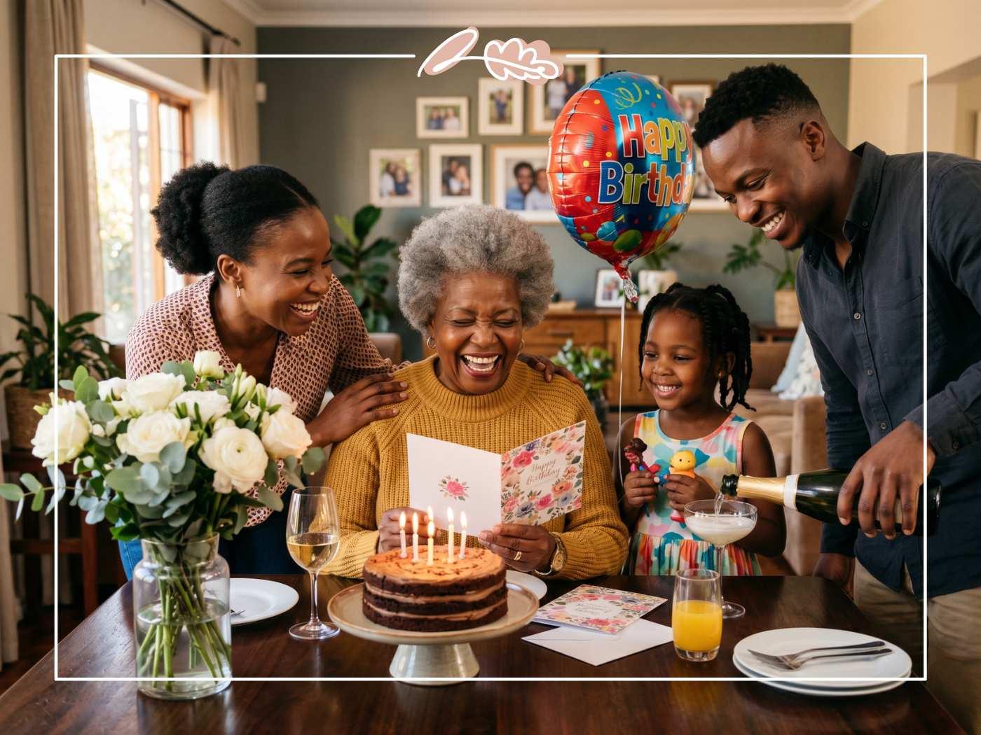 Black South African family laughing around a birthday cake as grandmother reads her floral birthday card with a Happy Birthday balloon and white roses