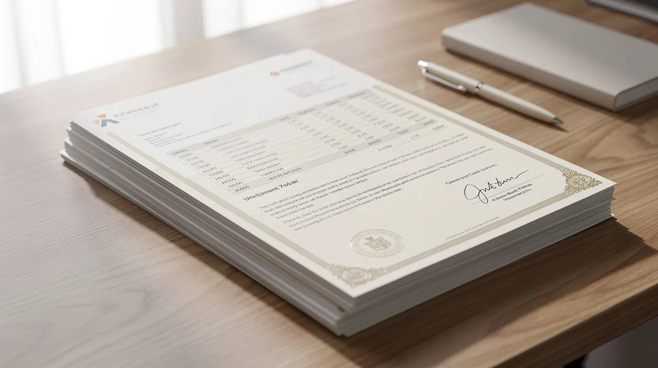 A neat stack of financial documents, including bank statements and income certificates, is placed on a wooden desk, indicating the organization of important financial information for loan applications and income verification. The documents may relate to various loan options, such as 免 入 息 貸款 and 入 息 證明, essential for assessing financial status.