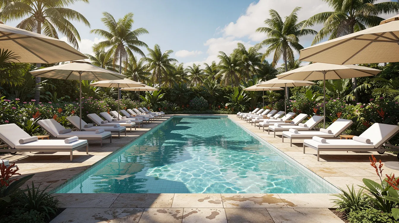 4cbaaca4 be78 44ba 873f 7dc6945ec454 The image depicts a luxurious resort swimming pool surrounded by comfortable sun loungers and lush tropical landscaping, creating a serene atmosphere ideal for relaxation. This setting is a prime example of hospitality projects that emphasize leisure and comfort in resort development.