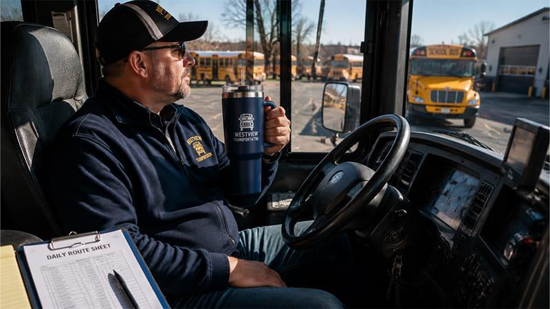 Bus driver holding a personalized insulated tumbler inside a parked bus