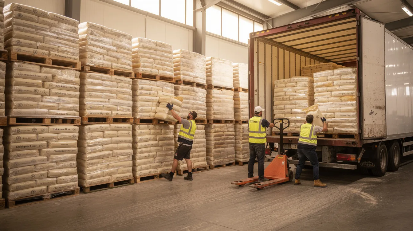 4cbb50fd 6904 49ad bd64 a84fed1e4f51 The image shows bags of chickpea flour, also known as besan, stacked neatly in a warehouse, while workers are actively loading them onto a truck, highlighting the operations of a besan mill in the food processing industry. This scene reflects the efficient production and distribution of high-quality gram flour, essential for various culinary applications.