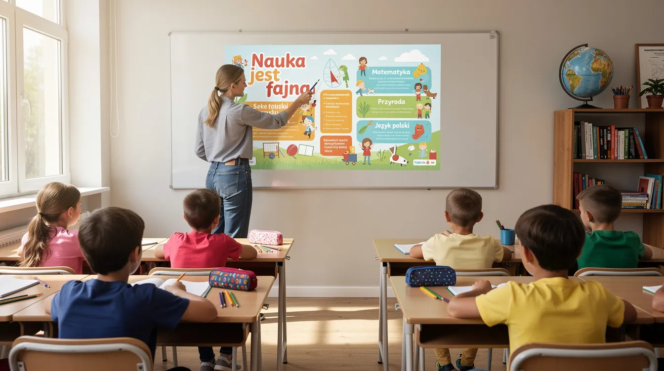 Na obrazku widać nauczycielkę stojącą przy tablicy, która wskazuje na kolorowy plakat, podczas gdy uczniowie siedzą w ławkach i uważnie obserwują lekcję. Scena ilustruje zasady klasowe oraz atmosferę nauki w szkolnym roku.