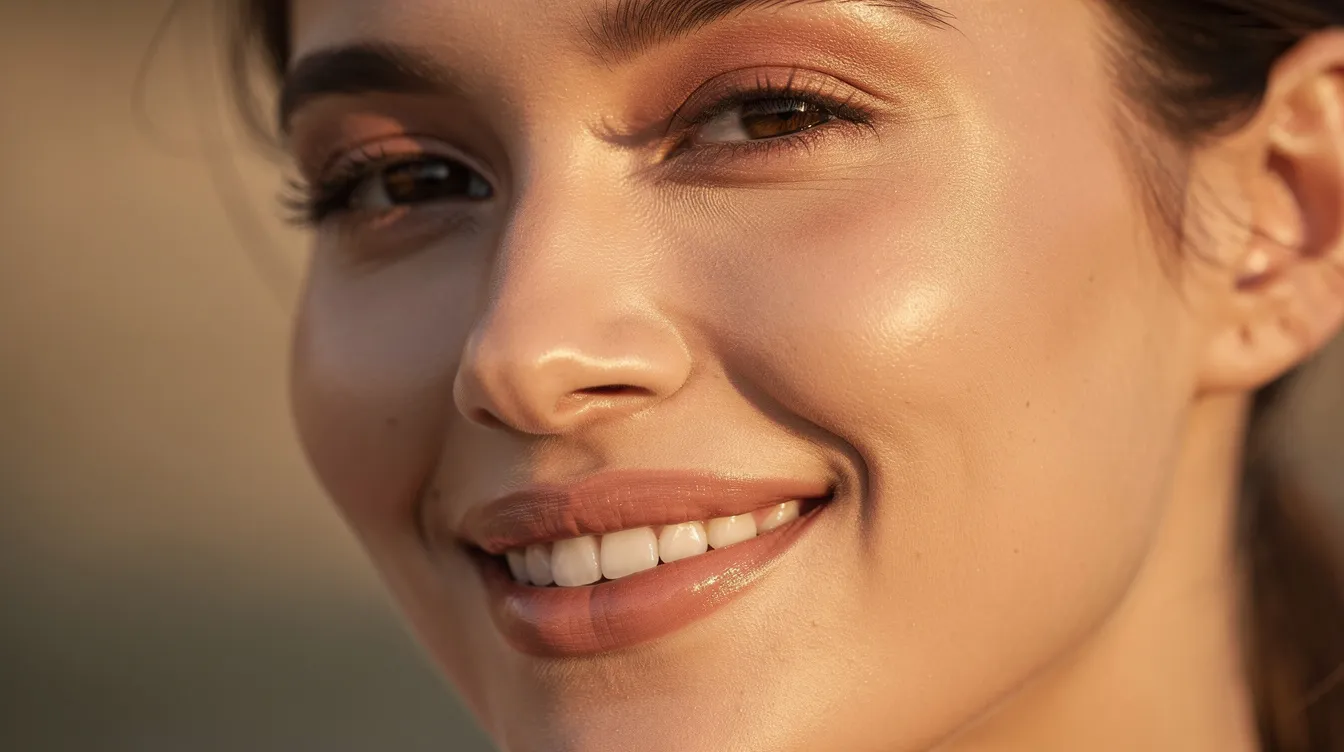 A woman is smiling naturally, showcasing her soft, full lips illuminated by warm lighting, reflecting the results of a lip filler treatment. Her lips appear plump and well-defined, indicating a smooth recovery process with minimal swelling.