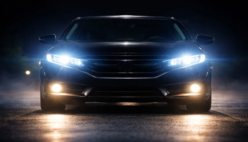 Car at night showing headlights above and fog lights below