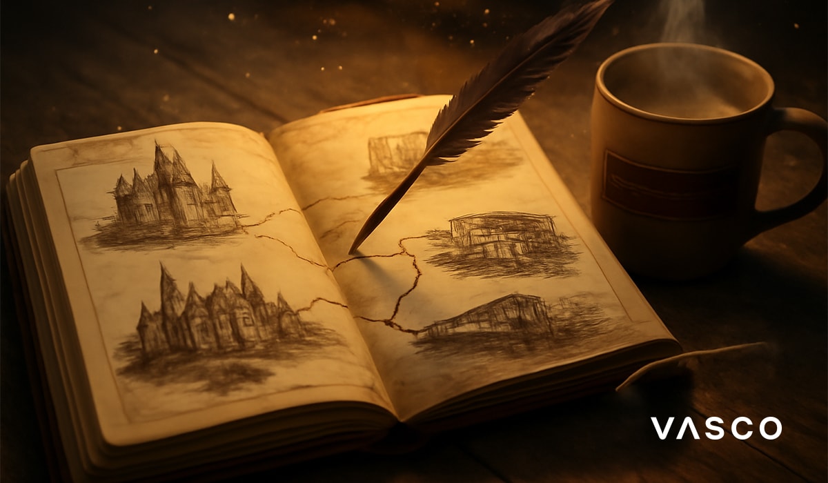 Un carnet de croquis ouvert, montrant des dessins de bâtiments médiévaux, est posé sur une table en bois à côté d'une tasse fumante et d'une plume d'oie.