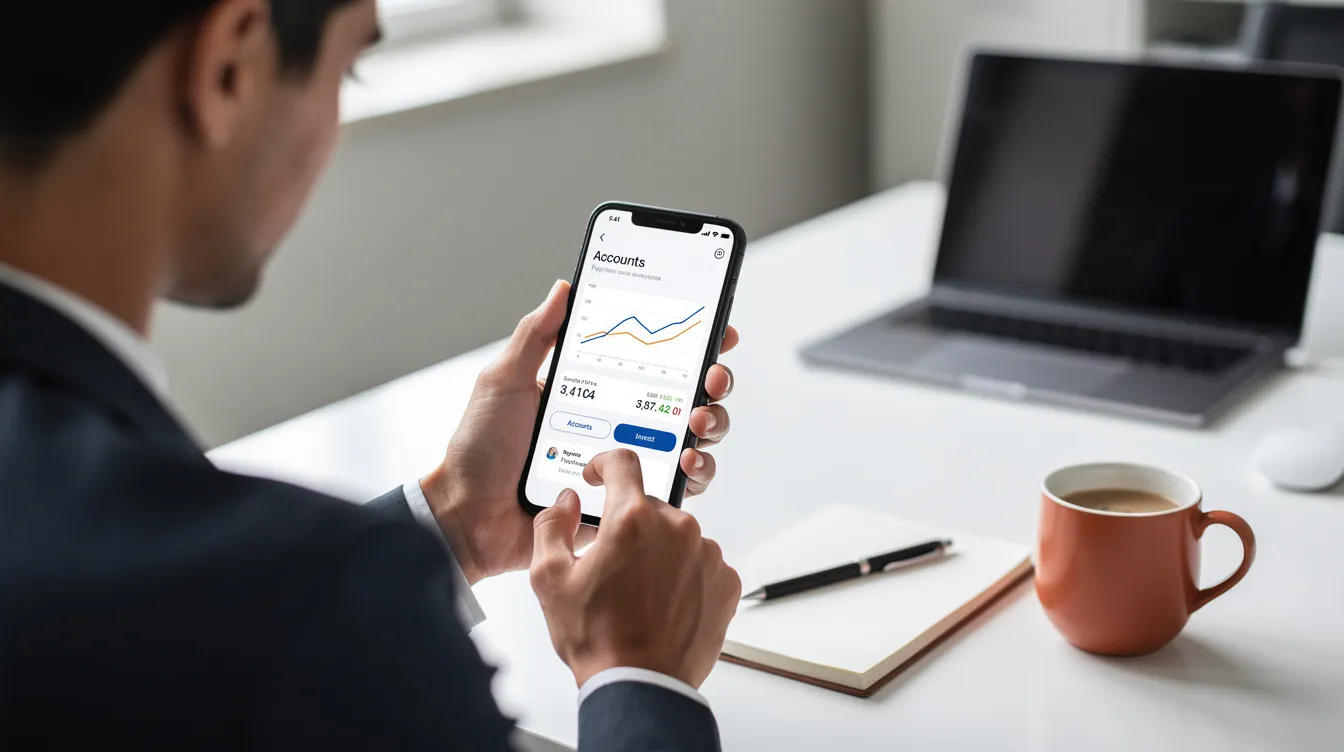 A person is intently using a smartphone to browse various financial services, possibly looking for options like "網上 貸款" or comparing interest rates. The screen displays information about loan applications, repayment terms, and monthly payments.