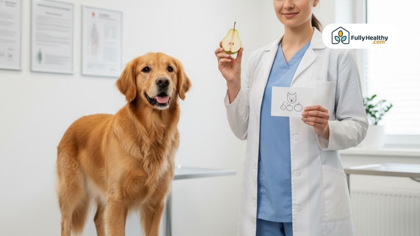 Veterinarian holding pear beside golden retriever during nutrition guidance
