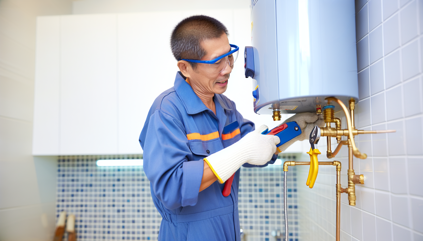 A technician installing a hot water system