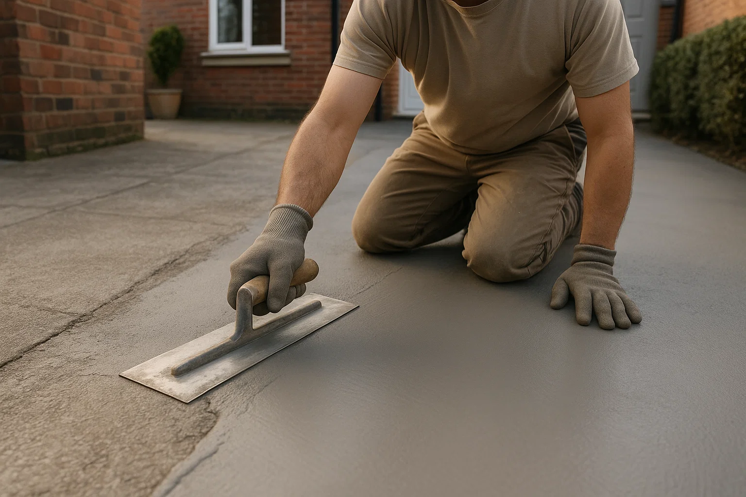 Close-up of a contractor resurfacing a concrete driveway, showing the transition from worn concrete to a new smooth finish.