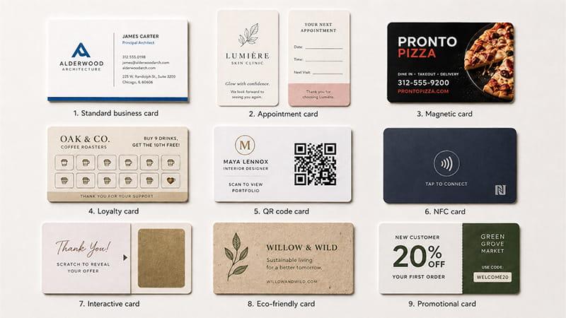 Different types of business cards, including appointment, loyalty, QR code, NFC, eco-friendly, and promotional cards