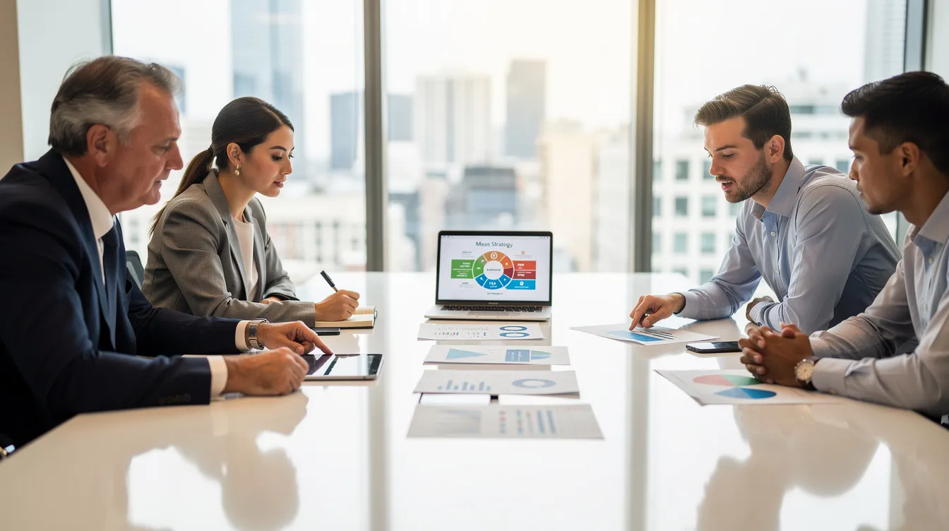 A group of professional advisers is gathered around a conference table, engaged in a strategic discussion about family governance and investment management for affluent families. They are likely assessing various family office services to ensure the family's wealth and assets are effectively managed for future generations.