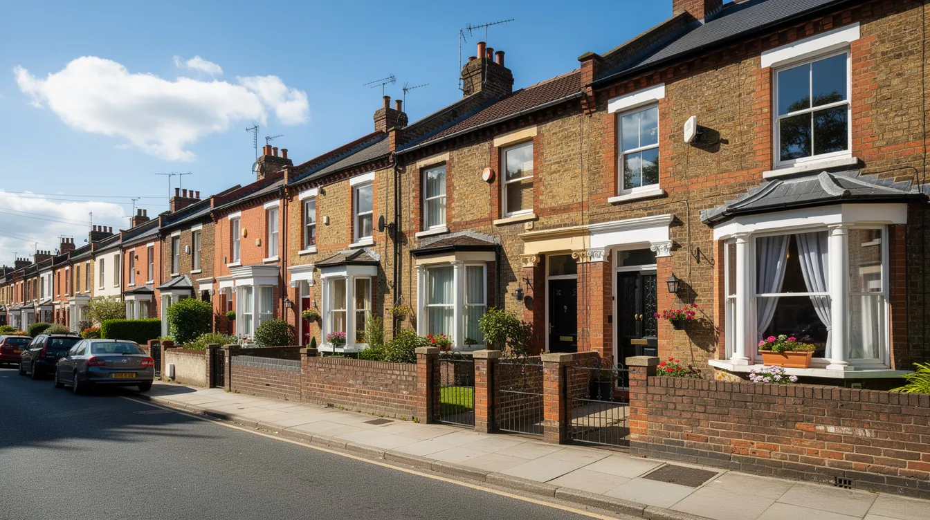 The image shows a sunny street lined with traditional UK terraced houses, each featuring colorful facades and well-kept gardens. This picturesque scene evokes a sense of community, making it an ideal setting for discussions about mortgage deals and homeownership.