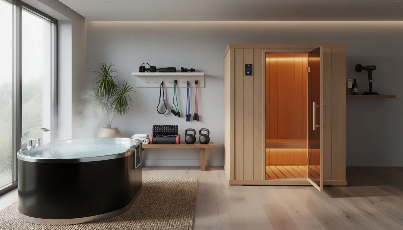 The image depicts a serene home wellness space featuring a wooden sauna cabin designed for infrared sauna sessions, alongside various recovery equipment. This setting promotes relaxation and health benefits, making it an ideal location for athletes to enhance their performance and improve blood circulation after high intensity interval training.