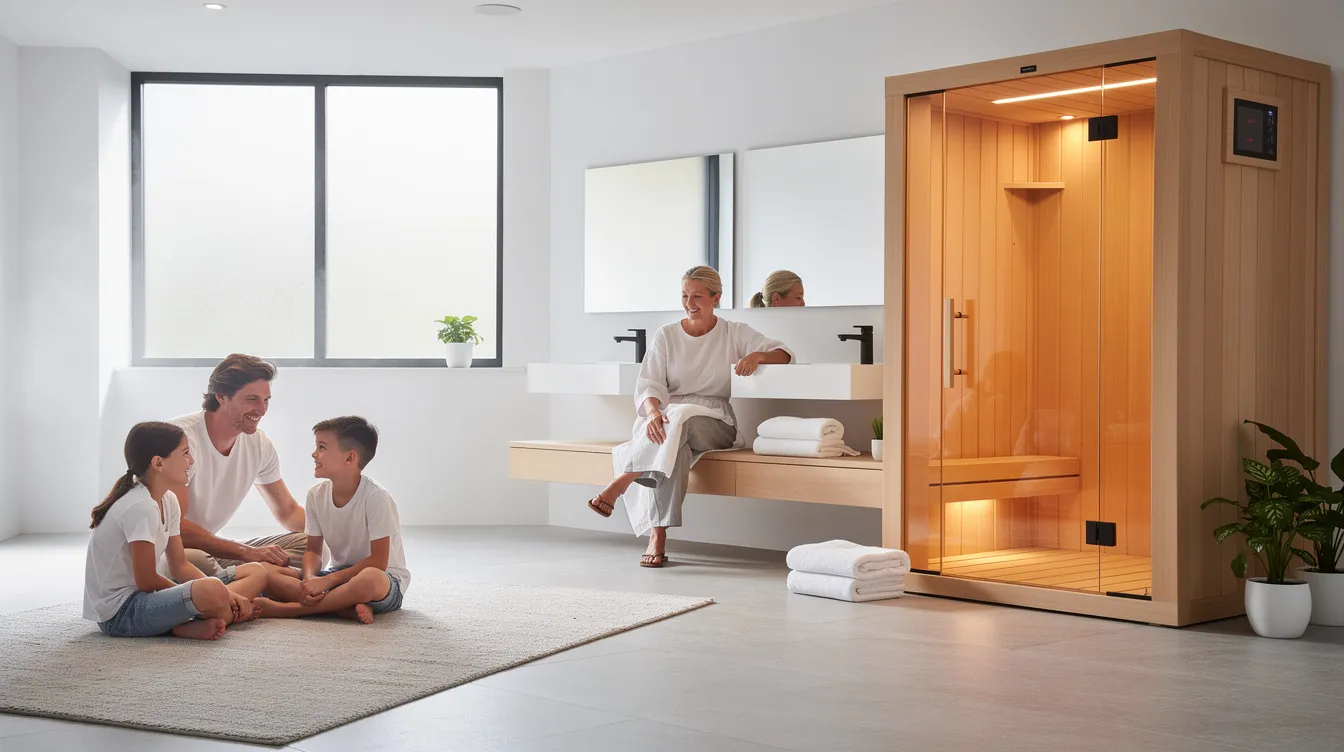 A family is enjoying a relaxing moment near a modern home sauna installation in a stylish bathroom, showcasing a sleek sauna cabin equipped with ceramic infrared sauna heaters. The space is designed for comfort and wellness, highlighting the benefits of infrared heat for muscle relaxation and stress reduction.