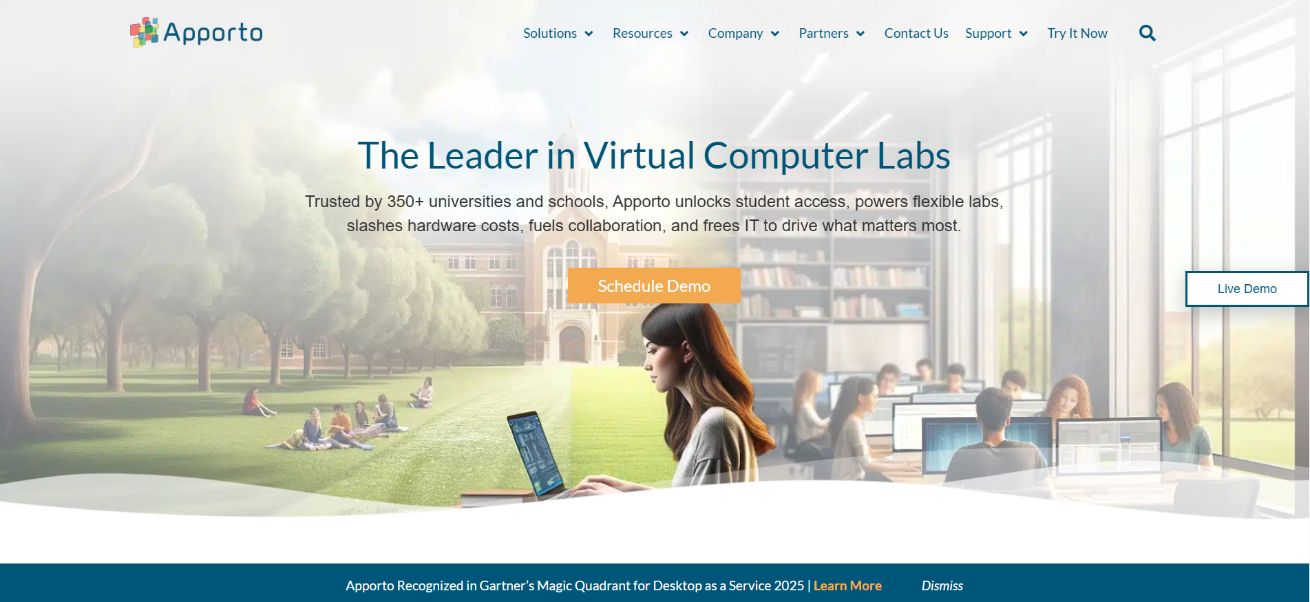 Apporto homepage featuring browser-based virtual computer labs that provide cloud-based software access for students and educators from any device.
