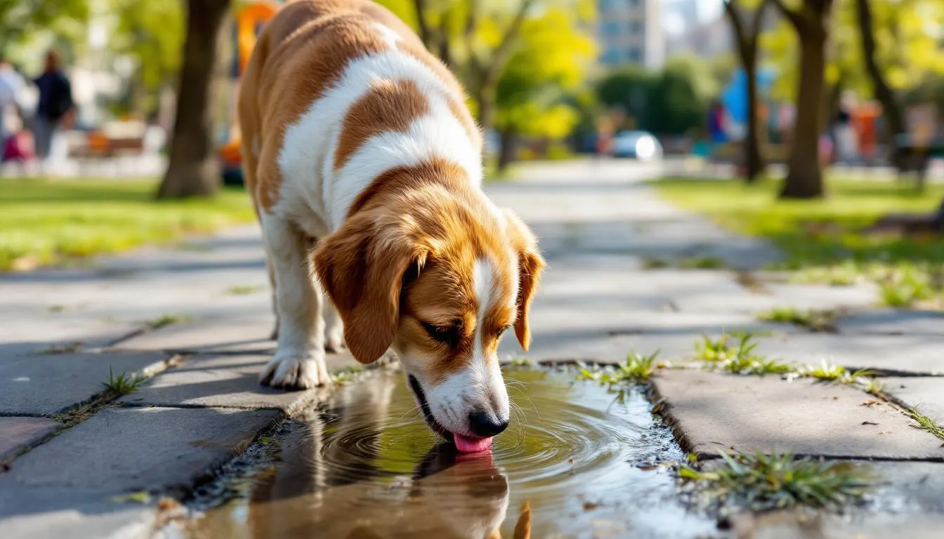 A dog is seen drinking from a puddle in an urban park, which could pose a risk for leptospirosis, an infectious disease caused by the bacteria leptospira. This behavior highlights the importance of disease control and awareness of common clinical signs associated with leptospirosis in dogs, especially in areas with standing water.