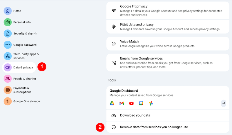 The Data and Privacy and Remove Data options in Google Account Management.