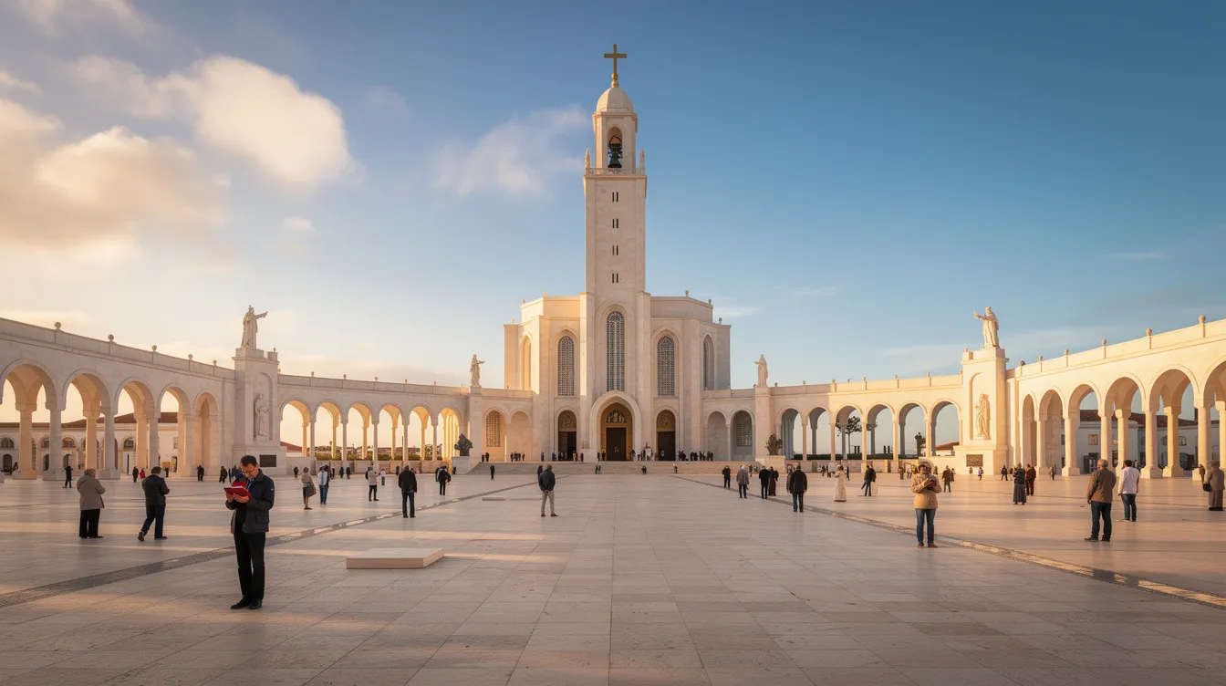 A imagem mostra o Santuário de Fátima, um importante local de peregrinação em Portugal, com destaque para a Capelinha das Aparições, onde ocorreram as famosas aparições de Nossa Senhora. O ambiente é sereno, rodeado por visitantes que buscam espiritualidade e reflexão.