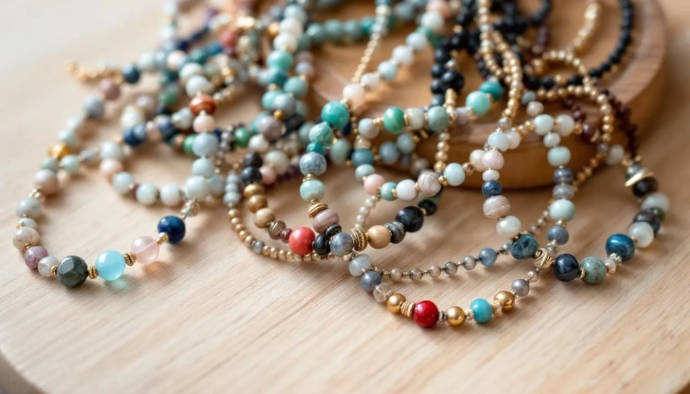 The image showcases a vibrant collection of unique beaded anklets, each reflecting a distinct personal style with a variety of colors and designs. These anklets are perfect for elevating any outfit and are ideal for special occasions or as a thoughtful gift, allowing individuals to express their individuality and glamour.