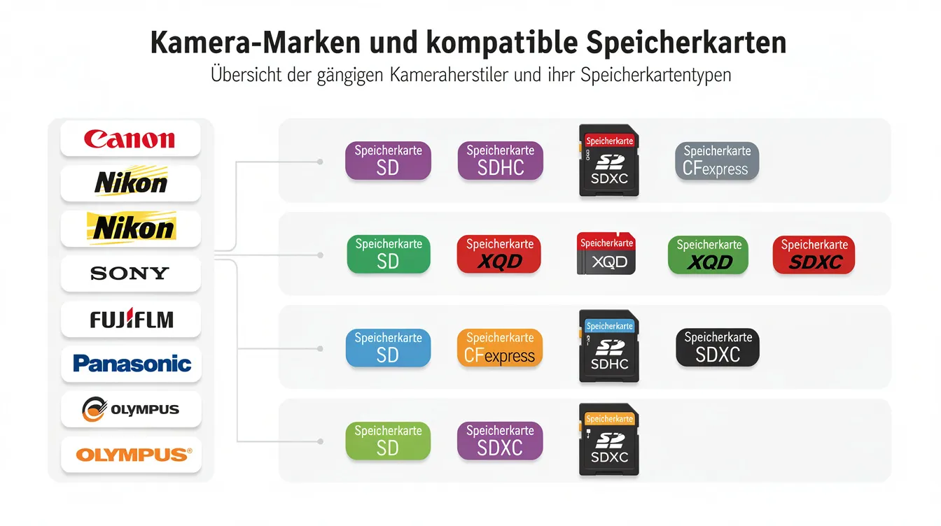 Die grafische Übersicht zeigt verschiedene Kamera-Markenlogos, die neben den jeweils kompatiblen Speicherkartentypen wie SD-Karten, microSD und CFexpress-Speicherkarten angeordnet sind. Diese Darstellung hilft Fotografen, die geeigneten Speichermedien für ihre Digitalkameras auszuwählen und informiert über Eigenschaften wie Schreibgeschwindigkeit und Speicherkapazität.