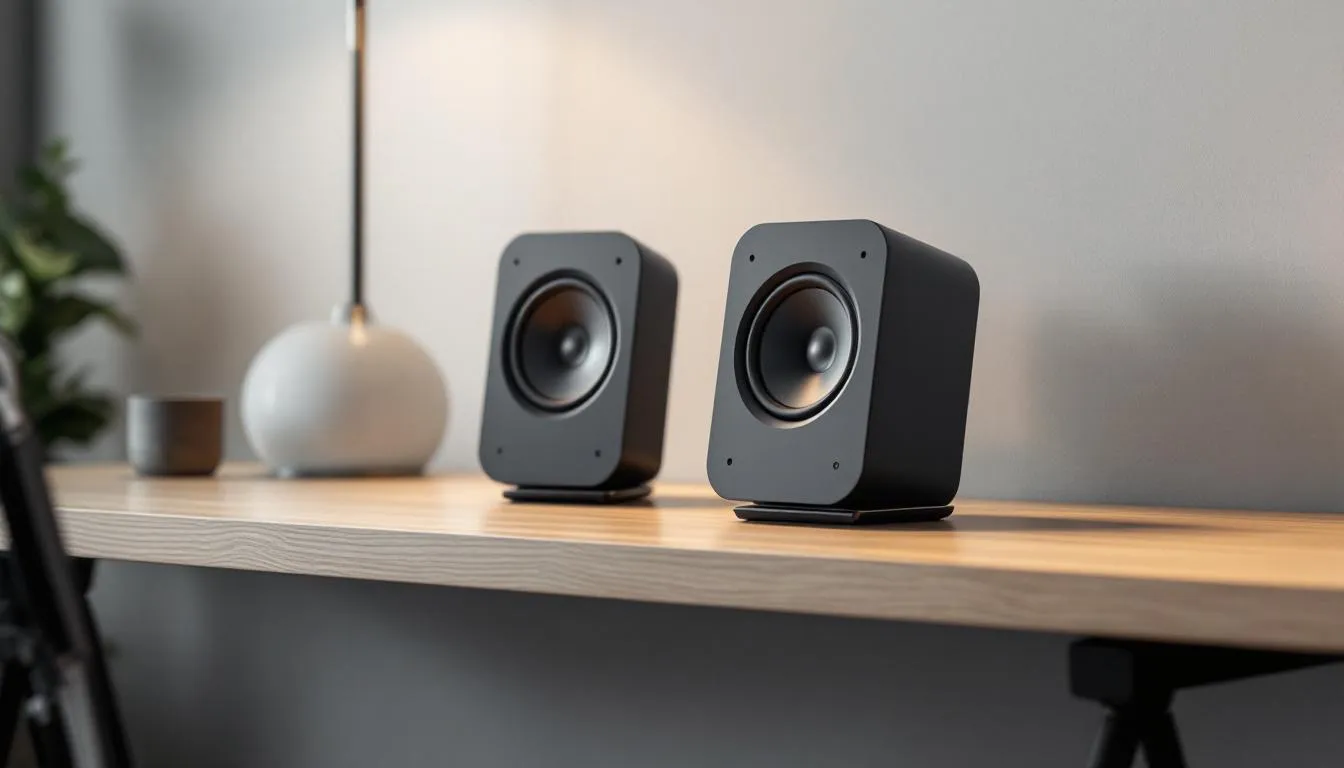 A pair of sleek computer speakers positioned on a desk, showcasing their elegant design.