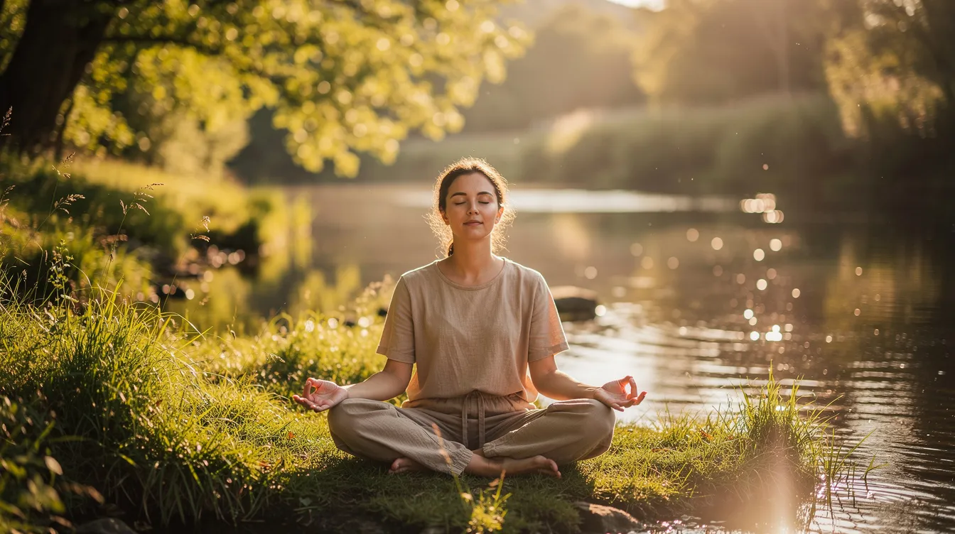 A person sits peacefully in a serene natural setting, eyes closed, practicing breathwork to calm their mind and reduce overthinking. This moment of mindfulness meditation allows them to regain control over their thoughts and emotions, promoting mental clarity and self-awareness.