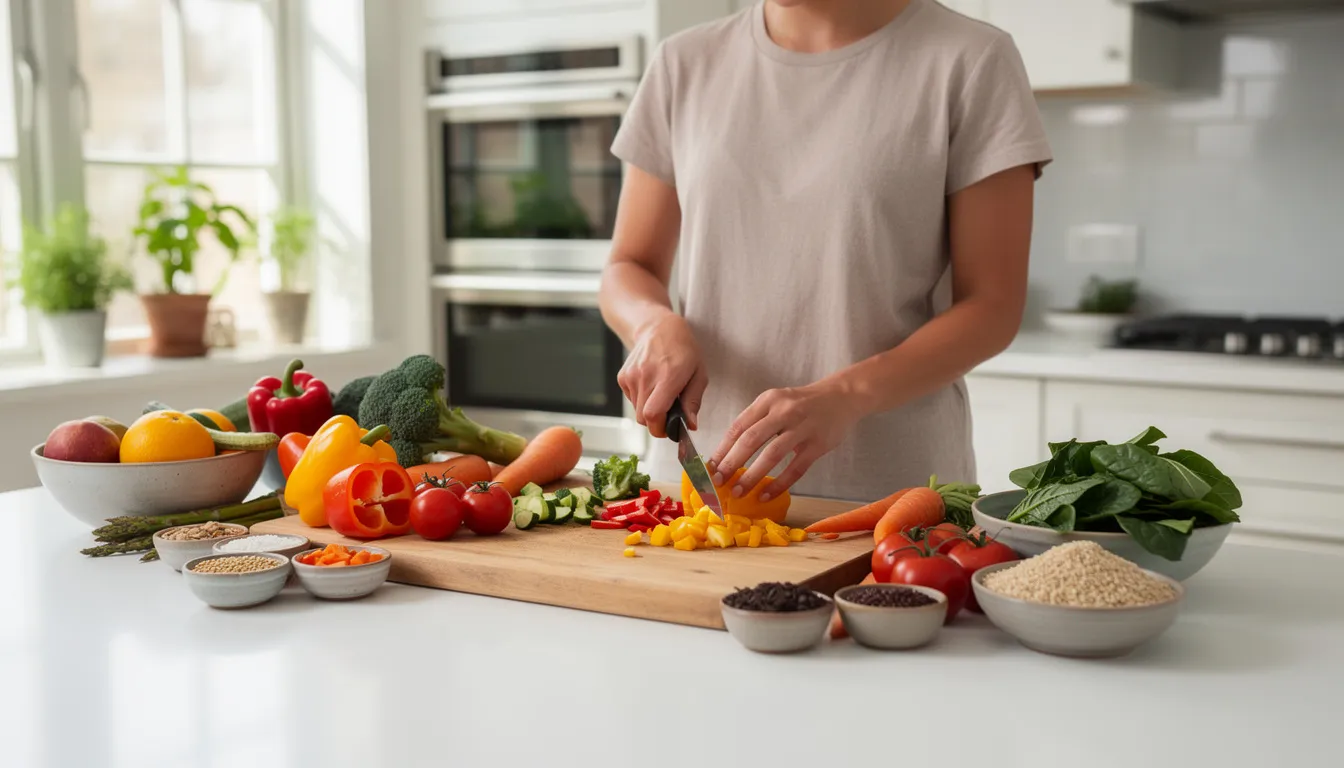 A person is preparing a vibrant and colorful healthy meal in a bright kitchen, featuring an array of fresh vegetables, whole grains, and lean protein. This meal embodies a balanced diet that can help manage blood sugar levels and promote healthy eating habits.