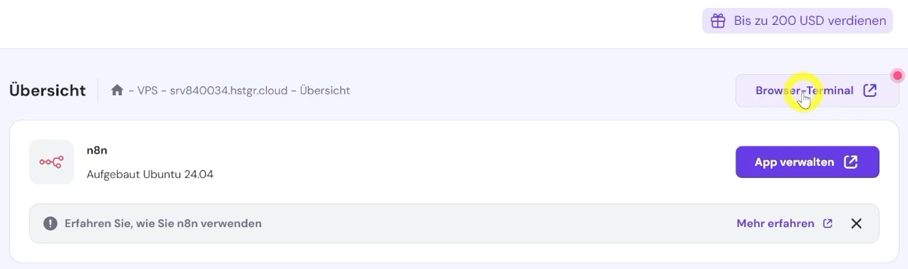 n8n browser terminal in hostinger oeffnen